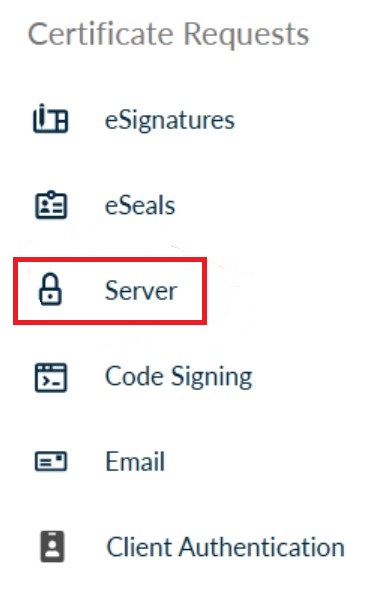 Immagine del menù Certificate Request con la voce server in evidenza