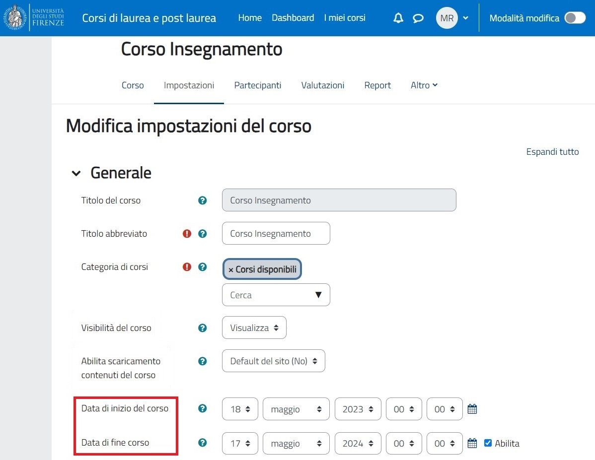 MODIFICA IMPOSTAZIONI DEL CORSO: DATA INIZIO E FINE CORSO