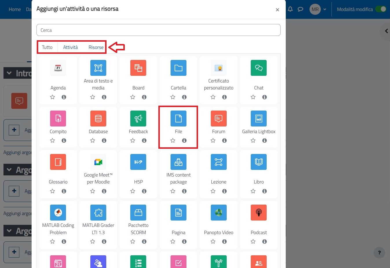 PANNELLO DELLE ATTIVITA' E RISORSE MOODLE