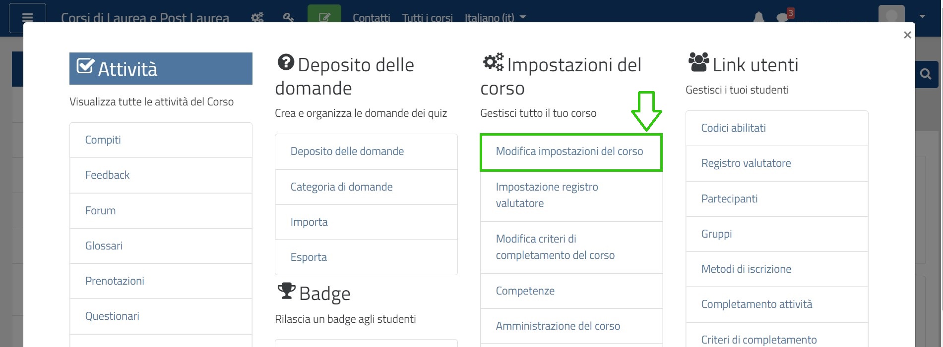Seleziona modifica impostazioni del corso