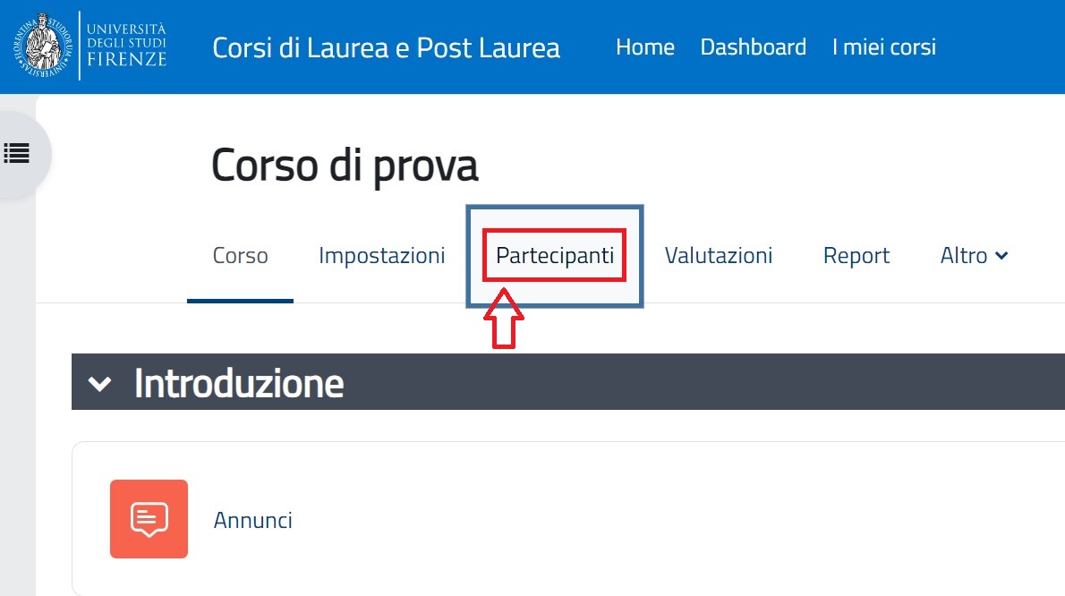 Voce PARTECIPANTI nel menù orizzontale del corso